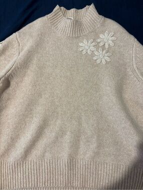 Women's Cream Mock Neck Floral Appliqué Sweater